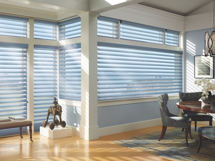 Dining room with blue shades.